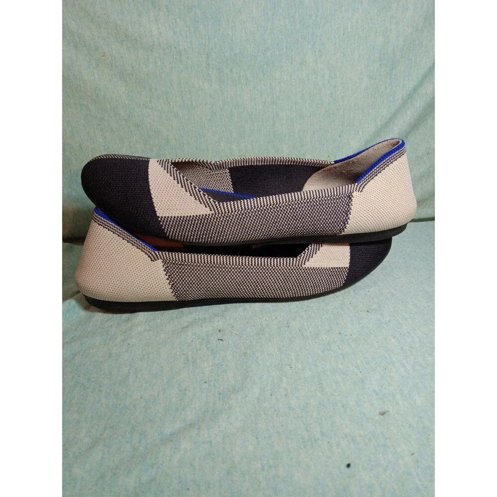 Rothy's Black and Cream Knit Flats with Blue Trim